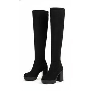 Black Faux Suede Over The Knee Boots Platform Chunky Block Heel Women's 8.5